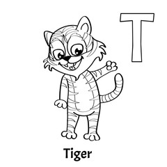 Vector alphabet letter T, coloring page. Tiger