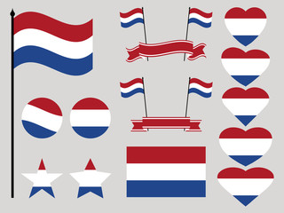 Netherlands flag set. Collection of symbols heart and circle. Vector illustration