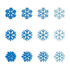 Snowflakes signs set. Blue Snowflake icons isolated on white background. Snow flake silhouettes. Symbol of snow, holiday, cold weather, frost. Winter design element Vector illustration