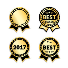Ribbon awards best seller set. Gold ribbon award icons isolated white background. Bestseller golden tags sale label, badge, medal, guarantee quality product, certificate. Vector illustration