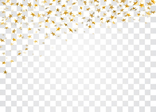 Gold stars falling confetti frame isolated on transparent background. Golden abstract pattern Christmas, New Year holiday celebration, festive, party. Glitter explosion Vector illustration