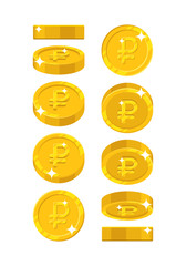Gold ruble views cartoon style isolated. The gold ruble is at different angles around its axis for designers and illustrators. Rotation of a gold coin in the form of a vector illustration