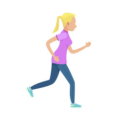 Fototapeta na wymiar Young Blonde Girl in Slinky Sport Form Running