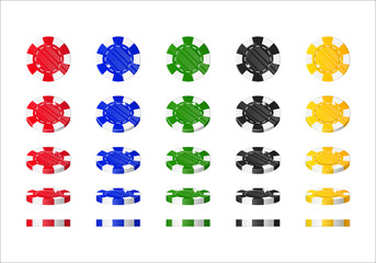Chips rotation cartoon style isolated. The multicolored chips are at different angles around its axis for designers and illustrators. Rolling of bets in the form of a vector illustration