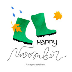 Abstract vector watercolor green boots, leaves and the rain. Bad weather November card template. Autumn ink lettering. Grunge fall bright card.