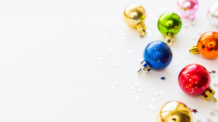 Christmas and New Year background with colorful decorative balls for Christmas tree. Place for text.