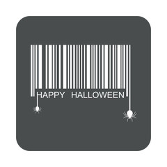 Icono plano codigo de barras HAPPY HALLOWEEN y arañas en cuadrado gris