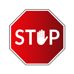 Stop road sign. Prohibited warning icon. Palm in red octagon. Road stop sign with hand isolated on white background. Glossy effect. Symbol of danger, attention, safety Vector illustration
