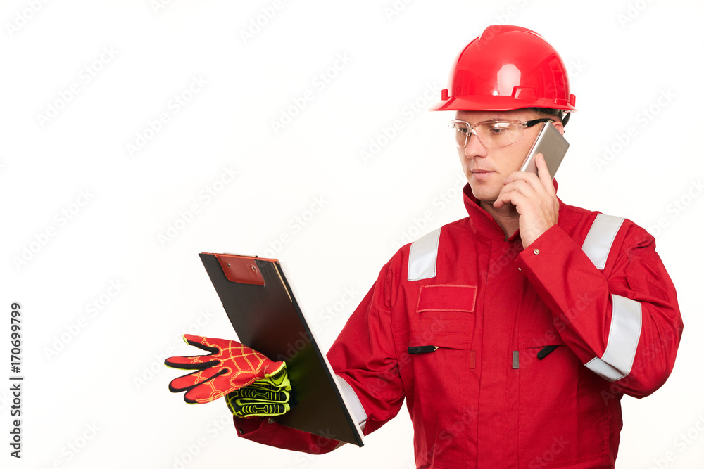 Wall mural portrait of architect wear red safety helmet and workwear uniform