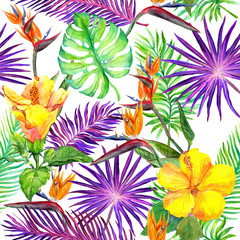 Fototapeta na wymiar Tropical leaves, exotic flowers. Seamless jungle pattern. Watercolor