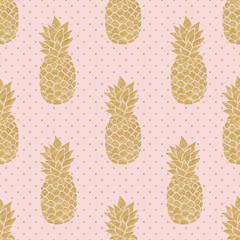 Seamless pattern with gold pineapples on polka dot background. Pink and gold pineapple pattern. Summer tropical background