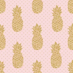 Wallpaper murals Pineapple Seamless pattern with gold pineapples on polka dot background. Pink and gold pineapple pattern. Summer tropical background