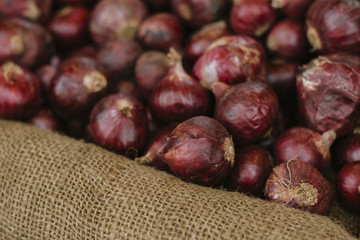 Selective focus, Pile of red onions on the brown sackcloth