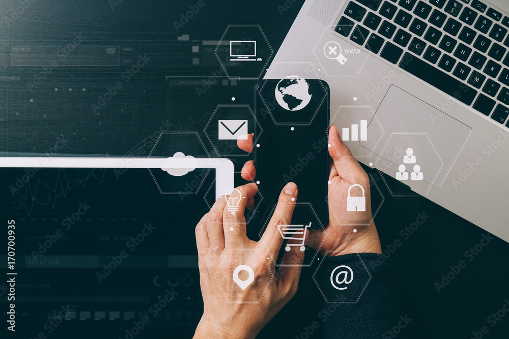 Aufkleber cyber security internet and networking concept.Businessman hand working with VR screen padlock icon mobile phone on computer background
