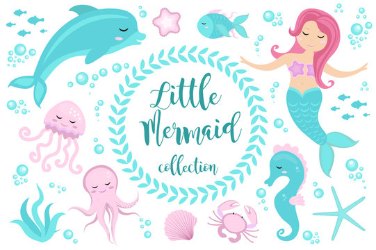 Cute set Little mermaid and underwater world. Fairytale princess mermaid and dolphin, octopus, seahorse, fish, jellyfish. Under water in the sea mythical marine collection