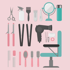 Flat design elements of hairdresser. Set with beauty haircut accessories and equipment. Haircut salon Instrument isolated. Scissors, brushes and devices