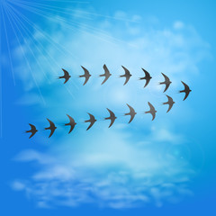 Flock of swallows in blue sky with clouds. Birds migration. Vector illustration