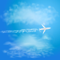 White plane flying with trail in blue sky with clouds. Vector illustration
