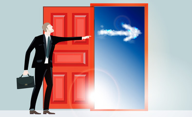 Businessmen and open door, representing the opportunities and success in career. Business concept illustration