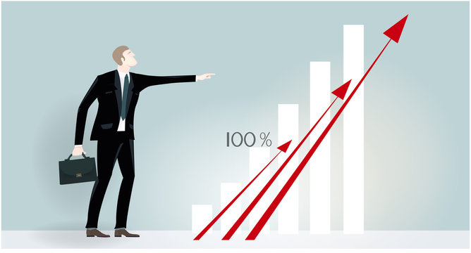 Businessmen pointing at the growth chart, representing the opportunities and success in career. Business concept illustration