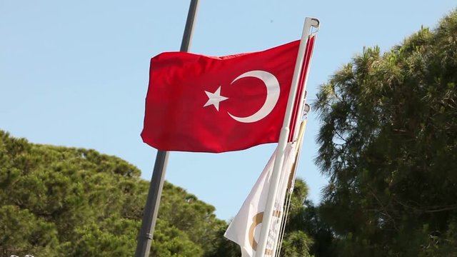 Turkish flag waving in blue sky, Flag of Turkey in the wind