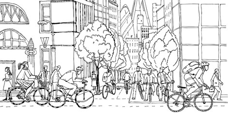Office workers commute to the City centre by bikes. Cyclists on the City roads. Healthy life concept illustration.