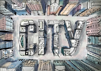 Modern city illustration. Business area with skyscrapers composed in the City sign