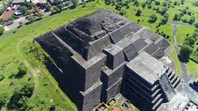 Aerial view of pyramids in ancient mesoamerican city of Teotihuacan, Pyramid of the Moon, Valley of Mexico from above, Central America, 4k UHD