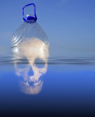 Human Skull PET Plastic Bottle and Sea Water