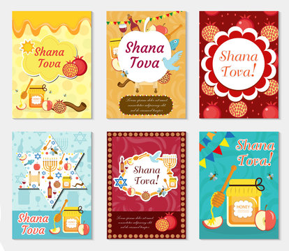 Rosh Hashanah collection poster, flyer, invitation, greeting card. Shana Tova set of templates for your design with pomegranate, honey, apple, menorah. Jewish New Year. Holiday Vector illustration