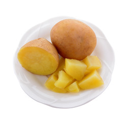 Boiled potatoes in white bowl isolated on white background
