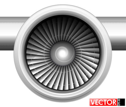 Turbines Of An Aircraft Engine In A Gondola. Front View Of The Compressor. Air Inlet. Traced Engine Parts And Part Of The Wing.