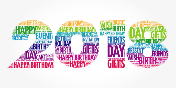 2018 New Year, Happy Birthday word cloud collage, holiday concept background