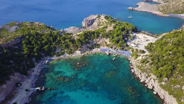 August 2017: Aerial drone video of iconic beach at Anthony Quinn Bay, Rodos island, Aegean, Dodecanese, Greece