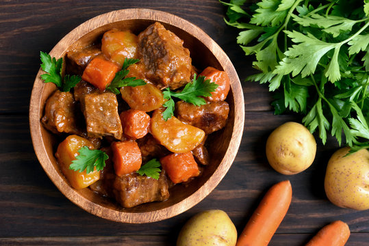 Meat stew with vegetables, top view