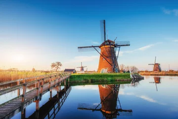 Fototapeten Colorful spring day with traditional Dutch windmills canal in Rotterdam. Wooden pier near the lake shore. Holland. © standret