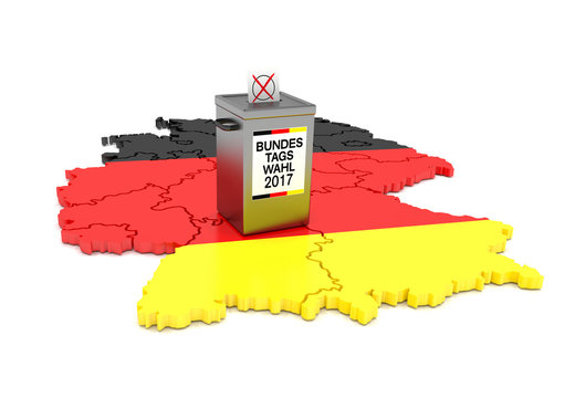 Bundestagswahl 2017 - Wahlurne mit Stimmzettel und Deutschlandkarte