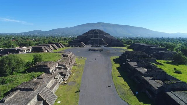 Aerial view of pyramids in ancient mesoamerican city of Teotihuacan, Pyramid of the Moon, Valley of Mexico from above, Central America, 4k UHD