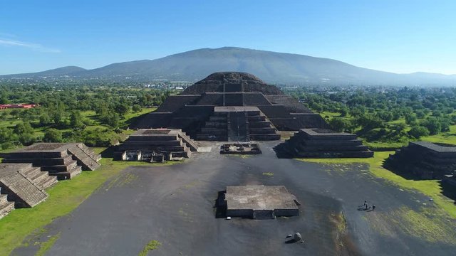 Aerial view of pyramids in ancient mesoamerican city of Teotihuacan, Pyramid of the Moon, Valley of Mexico from above, Central America, 4k UHD