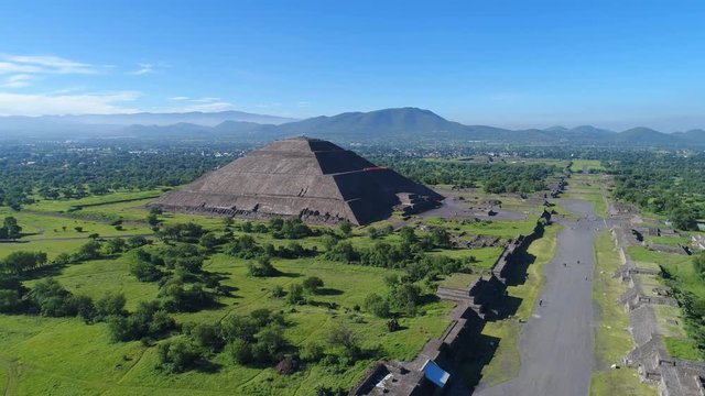 Aerial view of pyramids in ancient mesoamerican city of Teotihuacan, Pyramid of the Sun, Valley of Mexico from above, Central America, 4k UHD