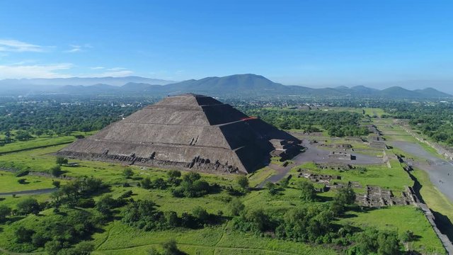 Aerial view of pyramids in ancient mesoamerican city of Teotihuacan, Pyramid of the Sun, Valley of Mexico from above, Central America, 4k UHD