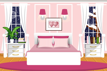 The interior of the bedroom. Vector. Cartoon. Night landscape outside the window.