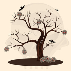 Tree with skulls. Halloween. The tree of death, horror, mystery. Cartoon. Vector.