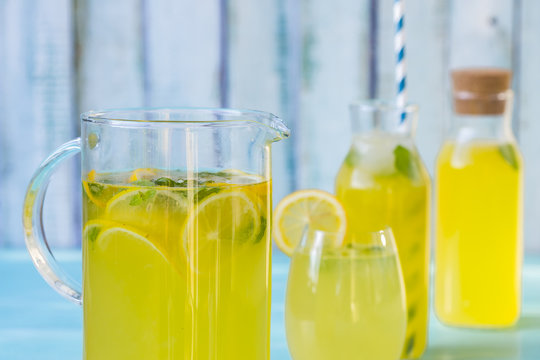 Lemon juice on a blue background