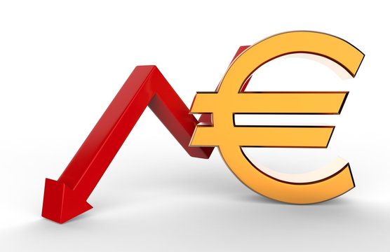Downward growth arrow with 3d euro symbol sign. Economic recession concept. 3d illustration.