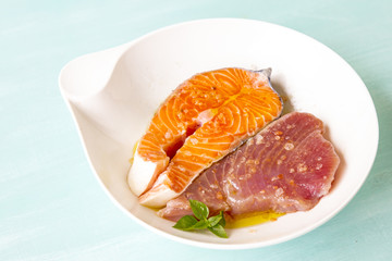 salmon and tuna marinated in olive oil