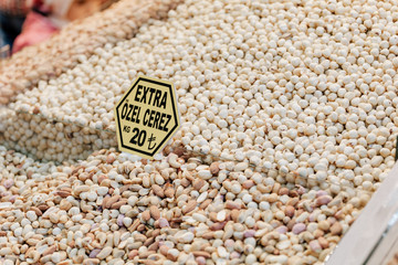 Turkish delights in the famous spices market in Istanbul. Mixed dry nuts .various nuts, grains sold...