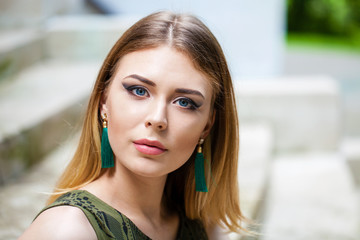 Portrait close up of young beautiful blonde woman