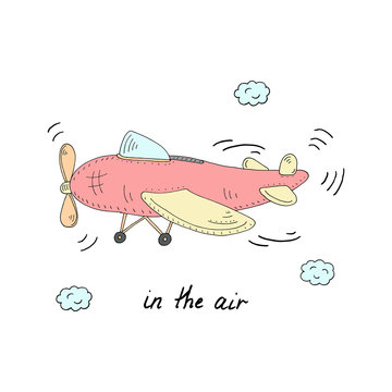 In the air card with plane cartoon hand drawn vector illustration