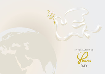 Concept for the International Day of Peace. Vector illustration of a white ribbon in the shape of a dove with an olive branch on the background of the Earth
